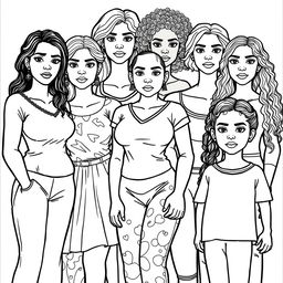 A detailed line drawing for a coloring book featuring a group of women and girls of various body sizes, ages, and skin colors, all standing next to each other with serious expressions