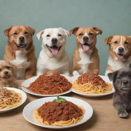 A lively scene of various breeds of dogs joyously eating spaghetti together