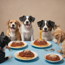 A lively scene of various breeds of dogs joyously eating spaghetti together