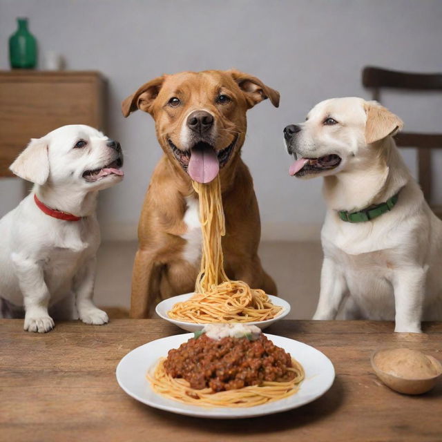 A lively scene of various breeds of dogs joyously eating spaghetti together