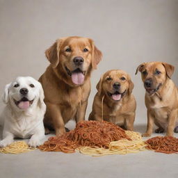 A lively scene of various breeds of dogs joyously eating spaghetti together