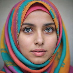 A striking portrait of a girl in a colorful hijab, her eyes full of life and intelligence.