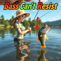 A dynamic 3D animated image of a woman fishing for bass at a serene lake