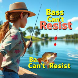 A dynamic 3D animated image of a woman fishing for bass at a serene lake