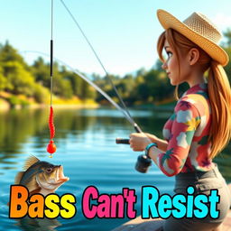 A dynamic 3D animated image of a woman fishing for bass at a serene lake