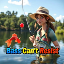 A dynamic 3D animated image of a woman fishing for bass at a serene lake