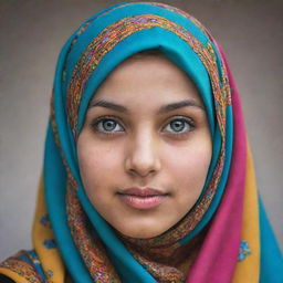 A striking portrait of a girl in a colorful hijab, her eyes full of life and intelligence.