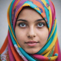 A striking portrait of a girl in a colorful hijab, her eyes full of life and intelligence.