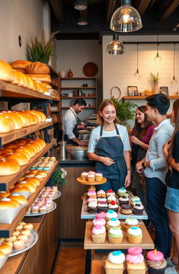 A vibrant bakery scene showcasing a variety of artisanal baked goods including golden brown loaves of bread, delicate pastries, colorful macarons, and delightful cupcakes