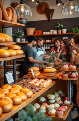 A vibrant bakery scene showcasing a variety of artisanal baked goods including golden brown loaves of bread, delicate pastries, colorful macarons, and delightful cupcakes