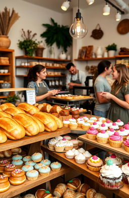 A vibrant bakery scene showcasing a variety of artisanal baked goods including golden brown loaves of bread, delicate pastries, colorful macarons, and delightful cupcakes