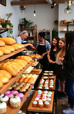 A vibrant bakery scene showcasing a variety of artisanal baked goods including golden brown loaves of bread, delicate pastries, colorful macarons, and delightful cupcakes