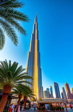 A stunning view of the Burj Khalifa in Dubai, soaring majestically against a clear blue sky