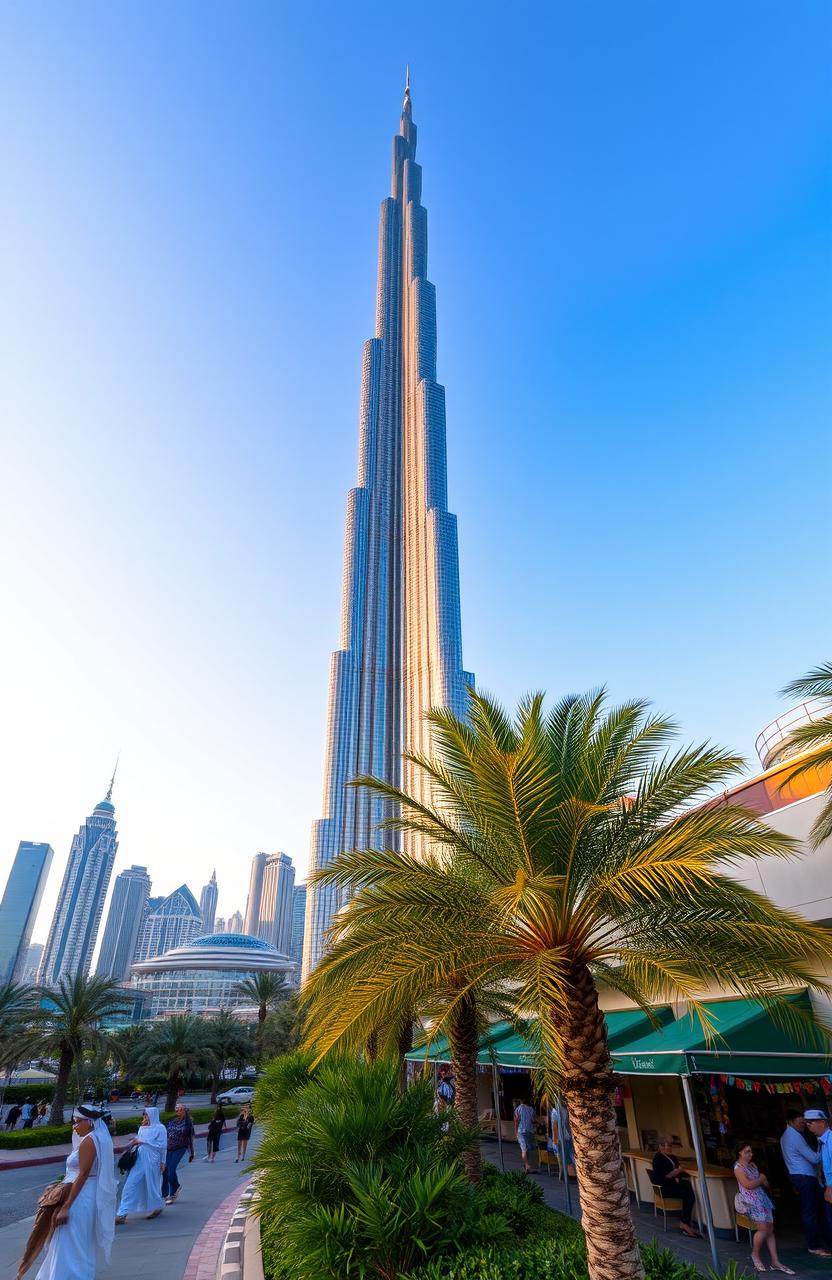 A stunning view of the Burj Khalifa in Dubai, soaring majestically against a clear blue sky