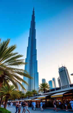 A stunning view of the Burj Khalifa in Dubai, soaring majestically against a clear blue sky