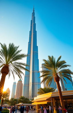 A stunning view of the Burj Khalifa in Dubai, soaring majestically against a clear blue sky