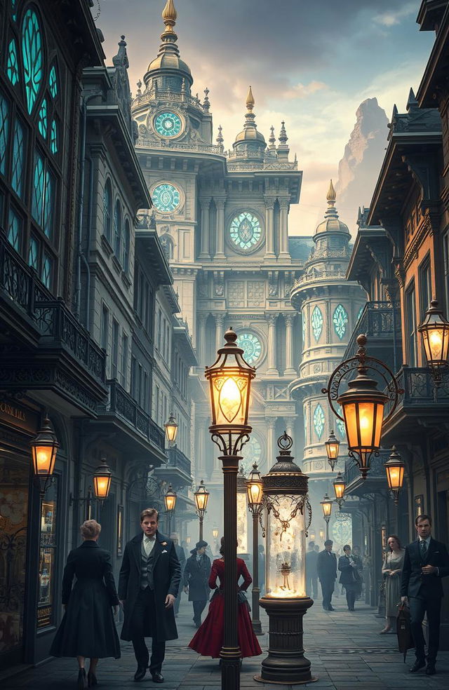 A captivating street scene in Irioris, embodying an aesthetic reminiscent of the 1800s to early 1900s but with advanced technology integrated subtly