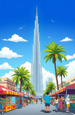 A vibrant cartoon-style illustration of a beautiful day in Dubai, featuring the iconic Burj Khalifa soaring majestically in the background