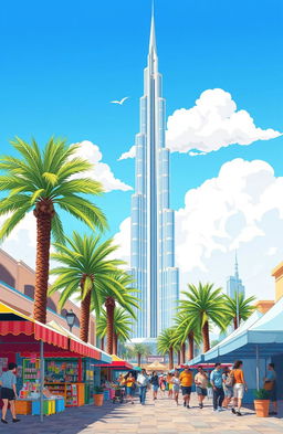 A vibrant cartoon-style illustration of a beautiful day in Dubai, featuring the iconic Burj Khalifa soaring majestically in the background