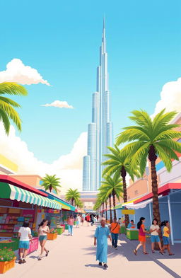 A vibrant cartoon-style illustration of a beautiful day in Dubai, featuring the iconic Burj Khalifa soaring majestically in the background