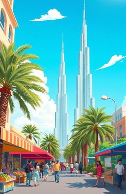 A vibrant cartoon-style illustration of a beautiful day in Dubai, featuring the iconic Burj Khalifa soaring majestically in the background