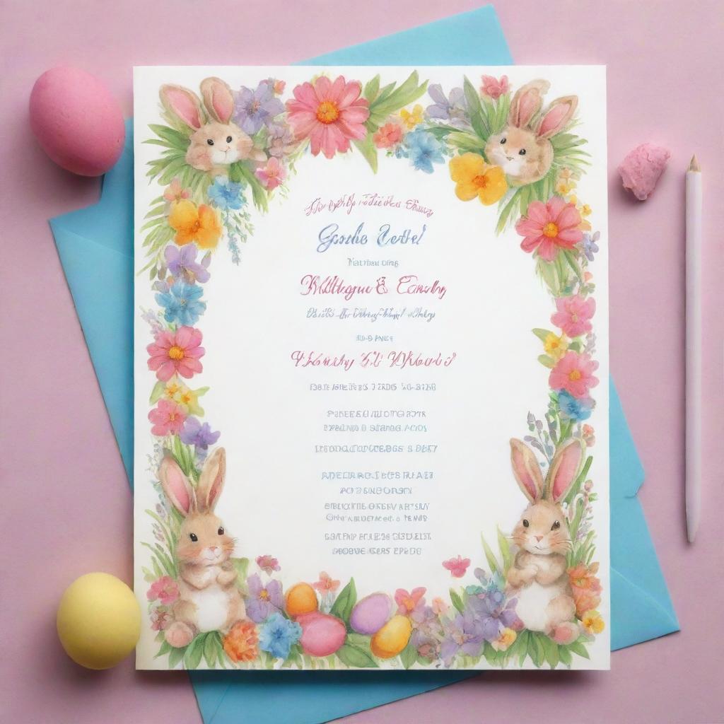 A vibrant, Spring Easter-themed birthday invitation card for a baby girl named 'Carly'. The design includes bunnies, Easter eggs, flowers, and butterflies reflecting the joy of spring and the excitement of her birthday.