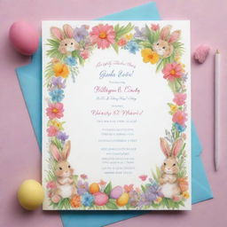 A vibrant, Spring Easter-themed birthday invitation card for a baby girl named 'Carly'. The design includes bunnies, Easter eggs, flowers, and butterflies reflecting the joy of spring and the excitement of her birthday.