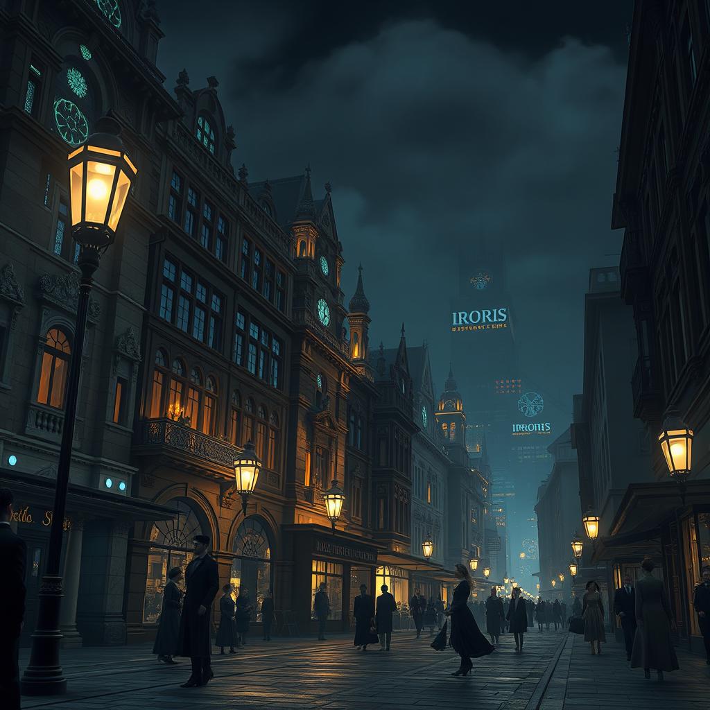 A nighttime scene in the city of Irioris, showcasing an aesthetic reminiscent of the 1800s to early 1900s, illuminated by modern yet subtly integrated technology