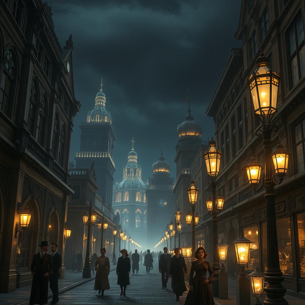 A nighttime scene in the city of Irioris, showcasing an aesthetic reminiscent of the 1800s to early 1900s, illuminated by modern yet subtly integrated technology