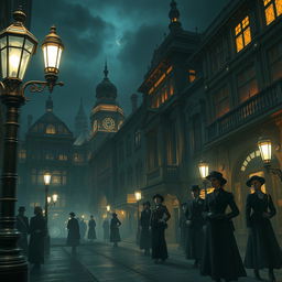 A nighttime scene in the city of Irioris, showcasing an aesthetic reminiscent of the 1800s to early 1900s, illuminated by modern yet subtly integrated technology