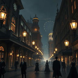 A nighttime scene in the city of Irioris, showcasing an aesthetic reminiscent of the 1800s to early 1900s, illuminated by modern yet subtly integrated technology