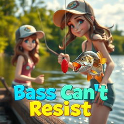 An exciting 3D animated image of a woman fishing for bass, poised at the water's edge