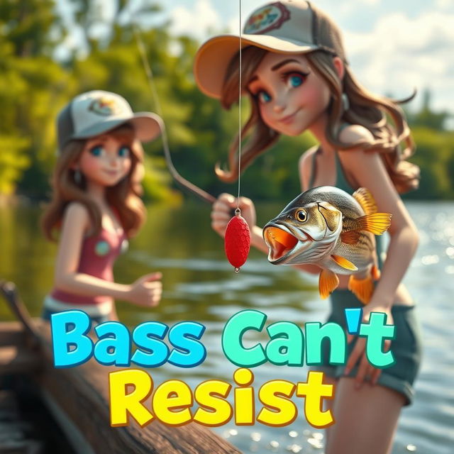 An exciting 3D animated image of a woman fishing for bass, poised at the water's edge