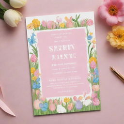 A vibrant, Spring Easter-themed birthday invitation card for a baby girl named 'Carly'. The design includes bunnies, Easter eggs, flowers, and butterflies reflecting the joy of spring and the excitement of her birthday.