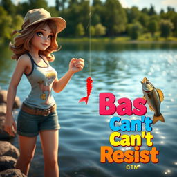 An exciting 3D animated image of a woman fishing for bass, poised at the water's edge