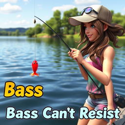 An exciting 3D animated image of a woman fishing for bass, poised at the water's edge