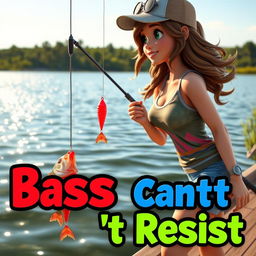 An exciting 3D animated image of a woman fishing for bass, poised at the water's edge