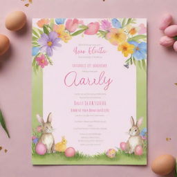 A vibrant, Spring Easter-themed birthday invitation card for a baby girl named 'Carly'. The design includes bunnies, Easter eggs, flowers, and butterflies reflecting the joy of spring and the excitement of her birthday.