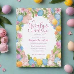 A vibrant, Spring Easter-themed birthday invitation card for a baby girl named 'Carly'. The design includes bunnies, Easter eggs, flowers, and butterflies reflecting the joy of spring and the excitement of her birthday.