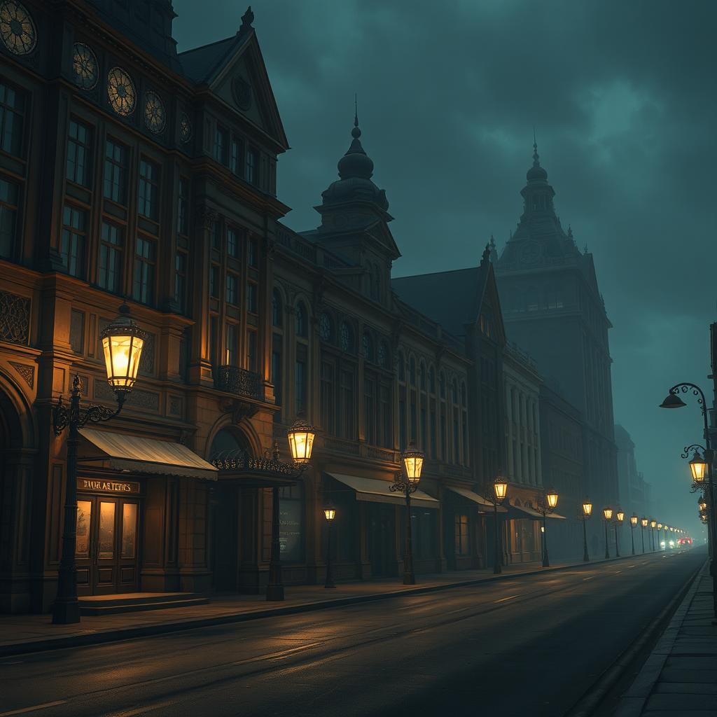 A hauntingly beautiful nighttime scene in the city of Irioris, reflecting an aesthetic reminiscent of the 1800s to early 1900s