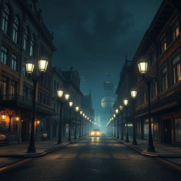 A hauntingly beautiful nighttime scene in the city of Irioris, reflecting an aesthetic reminiscent of the 1800s to early 1900s