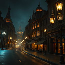 A hauntingly beautiful nighttime scene in the city of Irioris, reflecting an aesthetic reminiscent of the 1800s to early 1900s