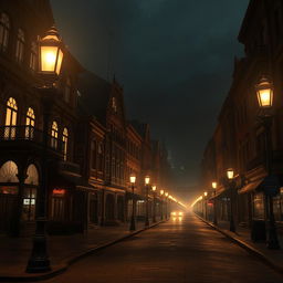 A hauntingly beautiful nighttime scene in the city of Irioris, reflecting an aesthetic reminiscent of the 1800s to early 1900s