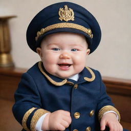 A chubby baby dressed as a ship captain, with a big hat, a navy blue jacket adorned with gold buttons, and a charming, innocent smile.