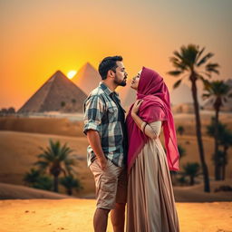 An intimate scene capturing a kiss between an American guy and a Muslim girl in front of the majestic pyramids of Egypt