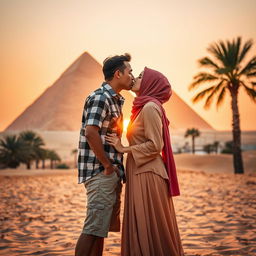 An intimate scene capturing a kiss between an American guy and a Muslim girl in front of the majestic pyramids of Egypt