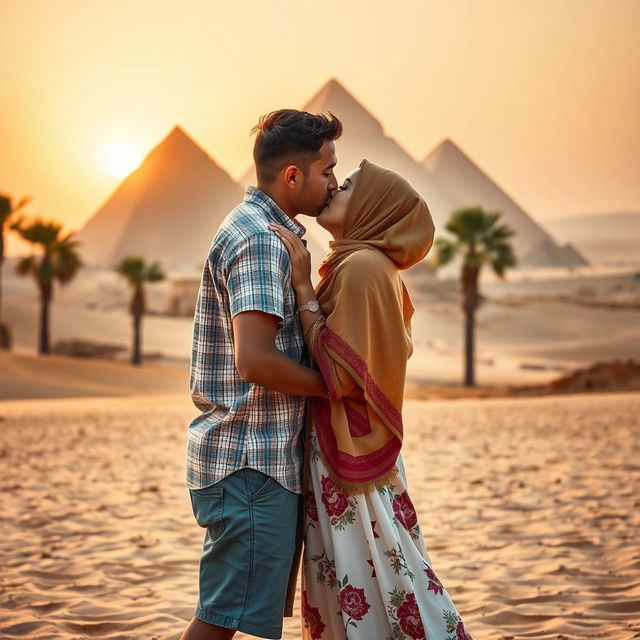 An intimate scene capturing a kiss between an American guy and a Muslim girl in front of the majestic pyramids of Egypt