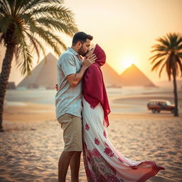 An intimate scene capturing a kiss between an American guy and a Muslim girl in front of the majestic pyramids of Egypt