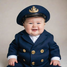 A chubby baby dressed as a ship captain, with a big hat, a navy blue jacket adorned with gold buttons, and a charming, innocent smile.