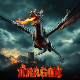 A dynamic cinematic movie poster featuring a ferocious fire-breathing dragon soaring through a dramatic, stormy sky